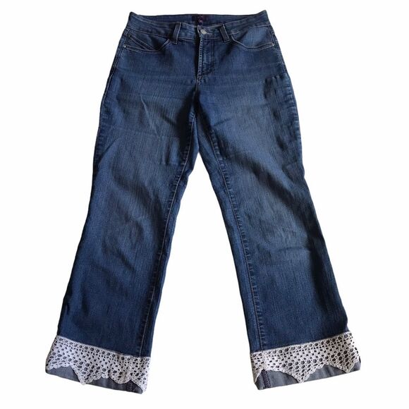 NYDJ Bohemian Boho Crochet Trim Cuffs Cropped Jeans Blue Sz 4 - Picture 2 of 15